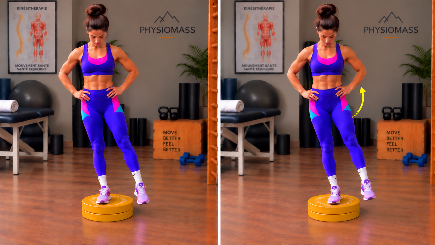 Relevé du bassin sur une marche (Hip lock) — deux positions du mouvement