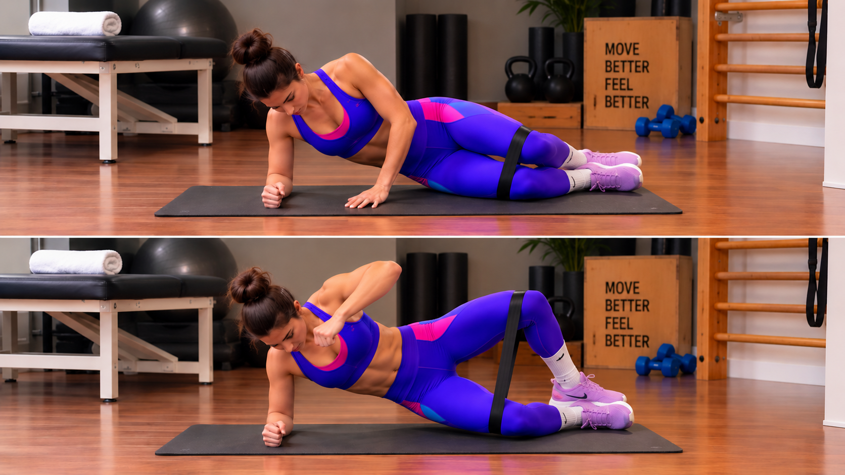 Gainage latéral avec ouverture de hanche — deux positions du mouvement