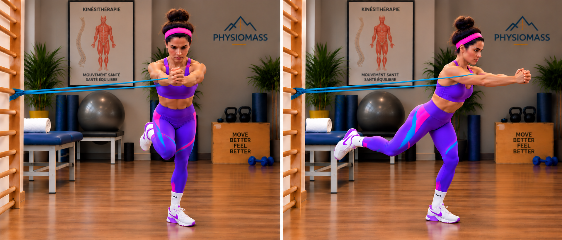 Rotation Élastique du Tronc avec Stabilisation Genou/Cheville — deux positions du mouvement