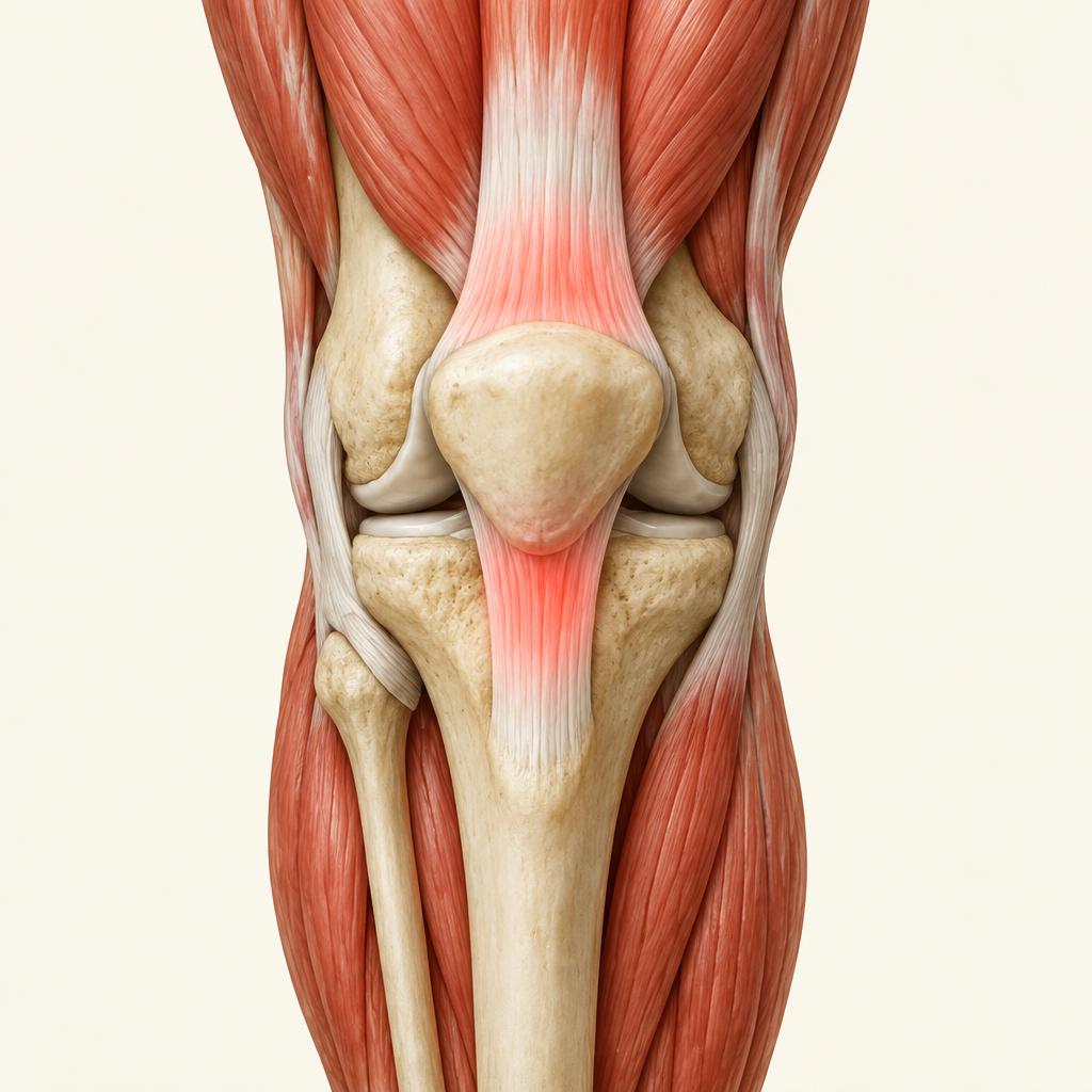 Anatomie du genou de face montrant la rotule, la cuisse et la jambe